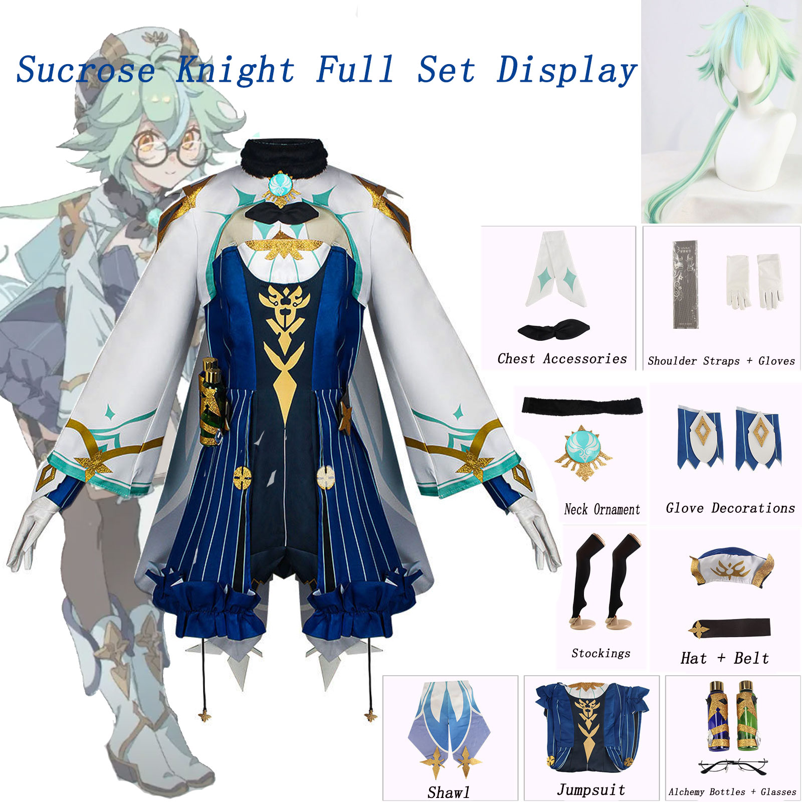 Anime Cosplay Jumpsuit - 原神（Genshin Impact）スコローズ騎士コスプレフルセットドレスウィッグ、アルケミーボトル、メガネ、ハロウィンカーニバルコスチューム（女性用）